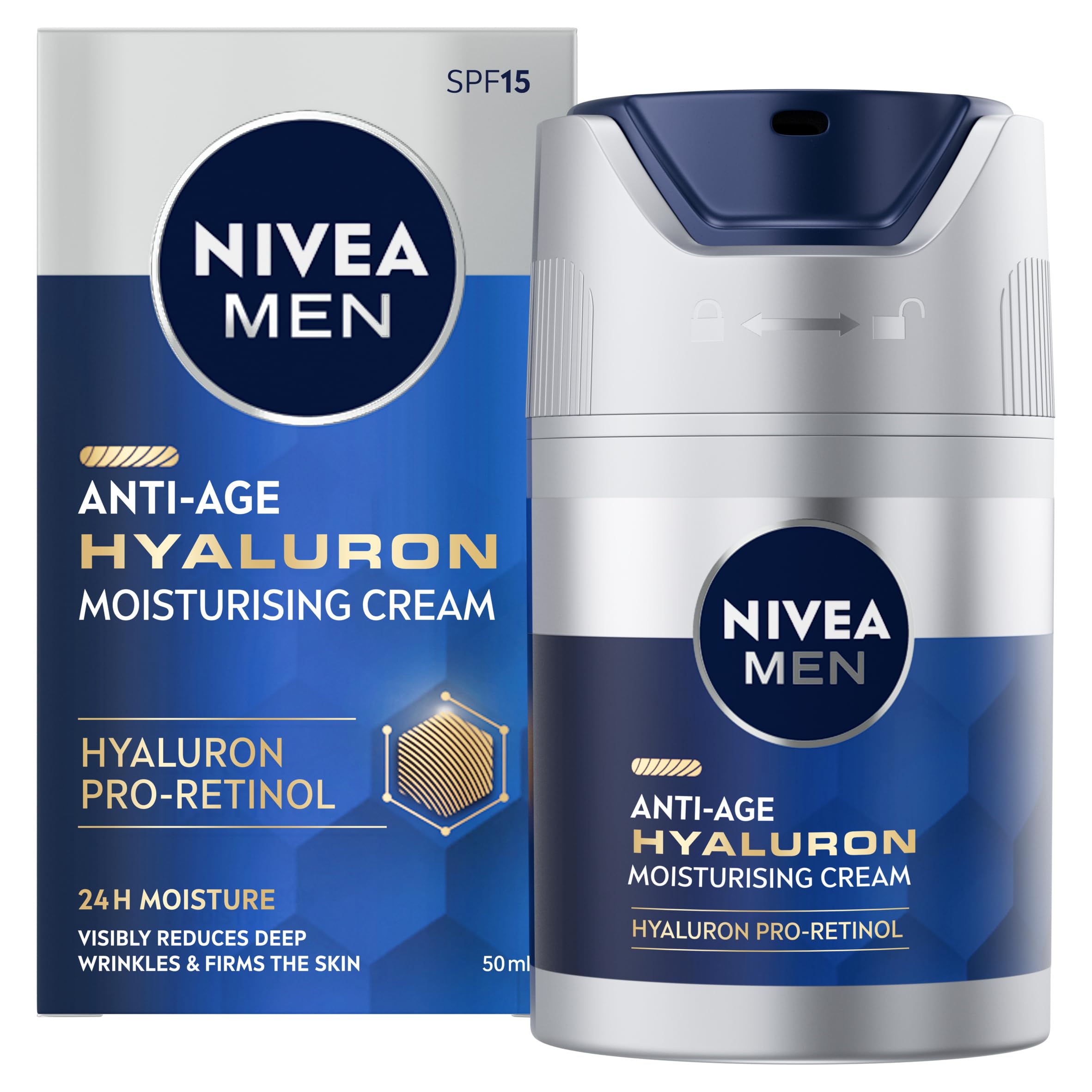 NIVEA MEN Anti-Age Hyaluron SPF15 Moisturising Face Cream (50ml), Anti Wrinkle Face Cream with Hyaluronic Acid and Pro-Retinol, Men's Moisturiser Visibly Reduces Deep Wrinkles and Firms Skin