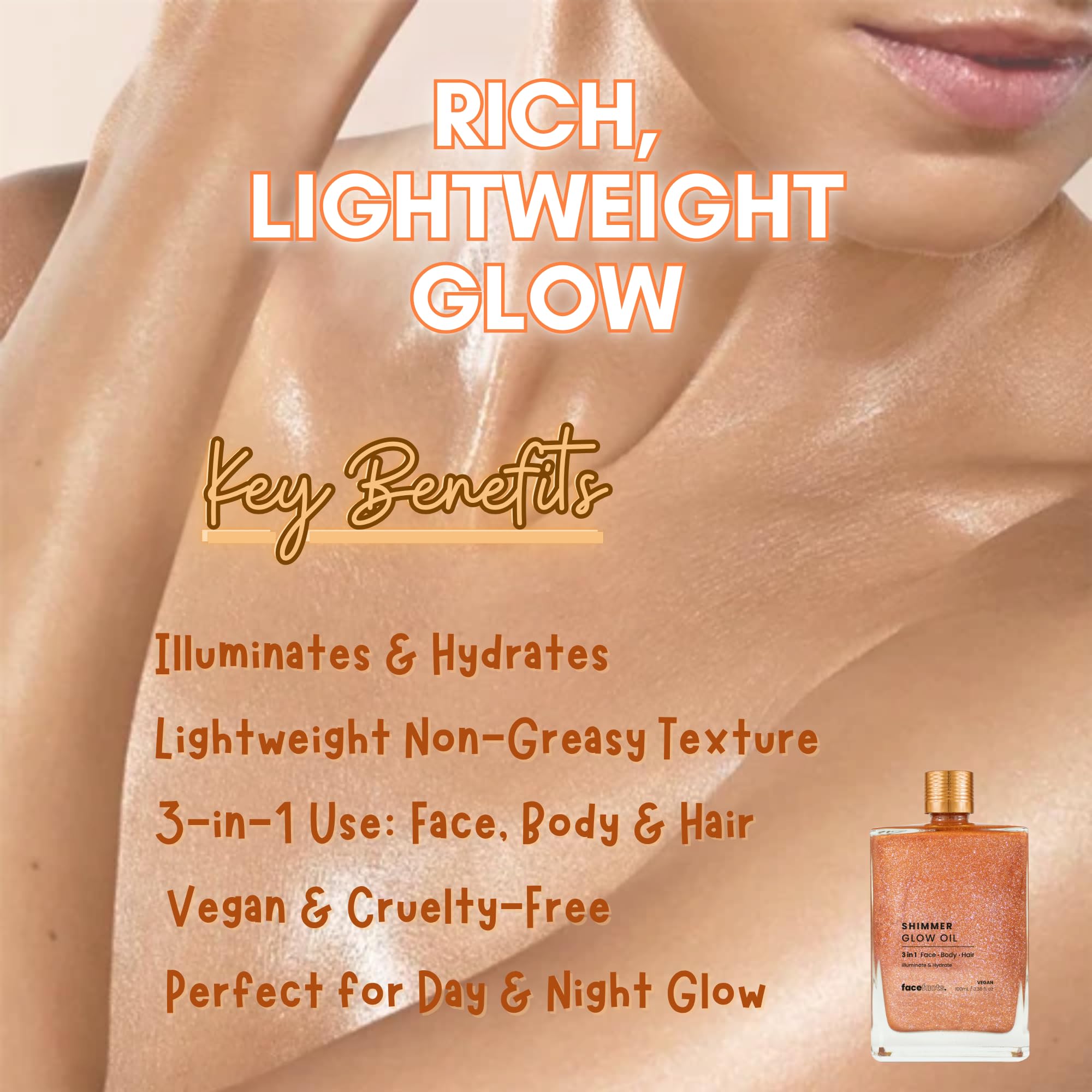 Face Facts Shimmer Glow Oil 100ml – 3-in-1 Body, Face & Hair Oil – Hydrating Vegan Formula – Skin Illuminating Body Oil for Radiant Glow