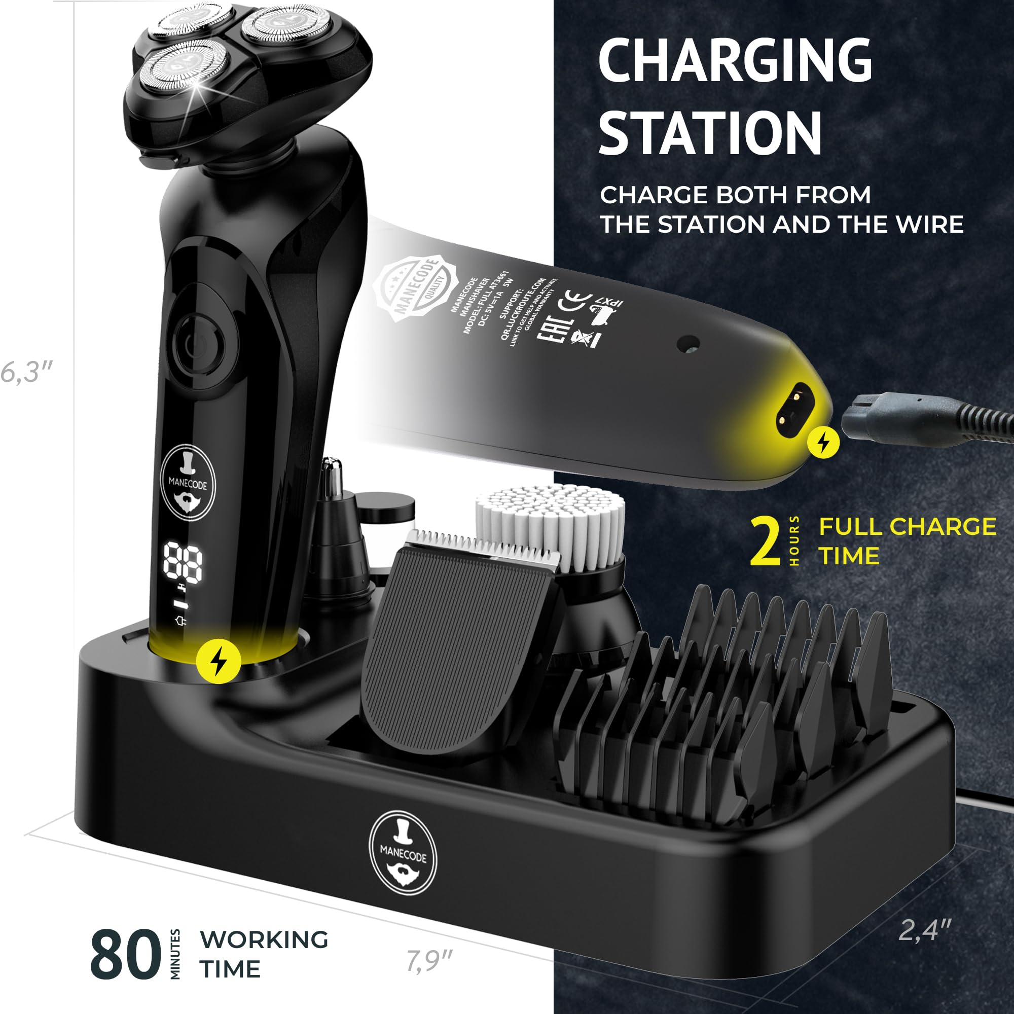 MANECODE® 7-in-1 Electric Razor for Men - Shaver with Floating 8 Contouring Technology® and IQ Cleaning Sensor®