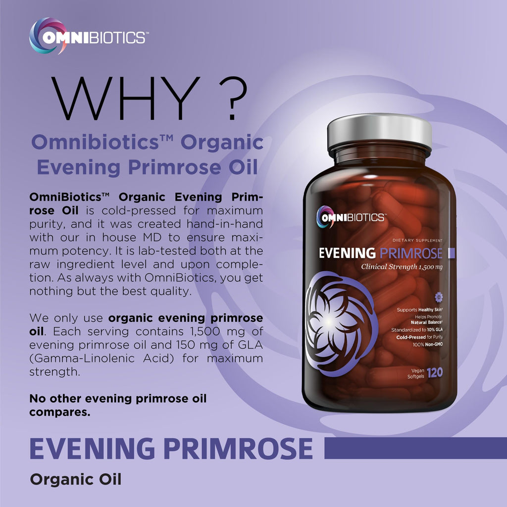 OmniBiotics Organic Evening Primrose Oil for Women – Clinical Strength 1500mg per Capsule, 10% GLA, Cold-Pressed, Non-GMO, Hormone Balance for Women – 120 Vegan Softgel Capsules