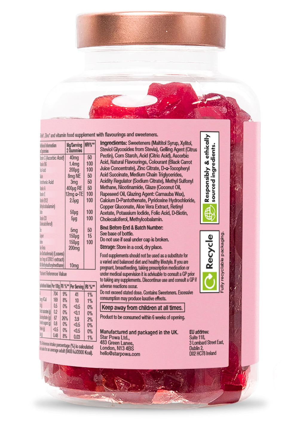 Starpowa Hair Skin and Nails Vitamins - Vitamin Gummies for Growth, Strength & Radiance - Packed with Biotin, Zinc, Vitamins A, C, D, E, B12 & Aloe Vera - Plant-Based, Gluten-Free - Berry, 60 Chews