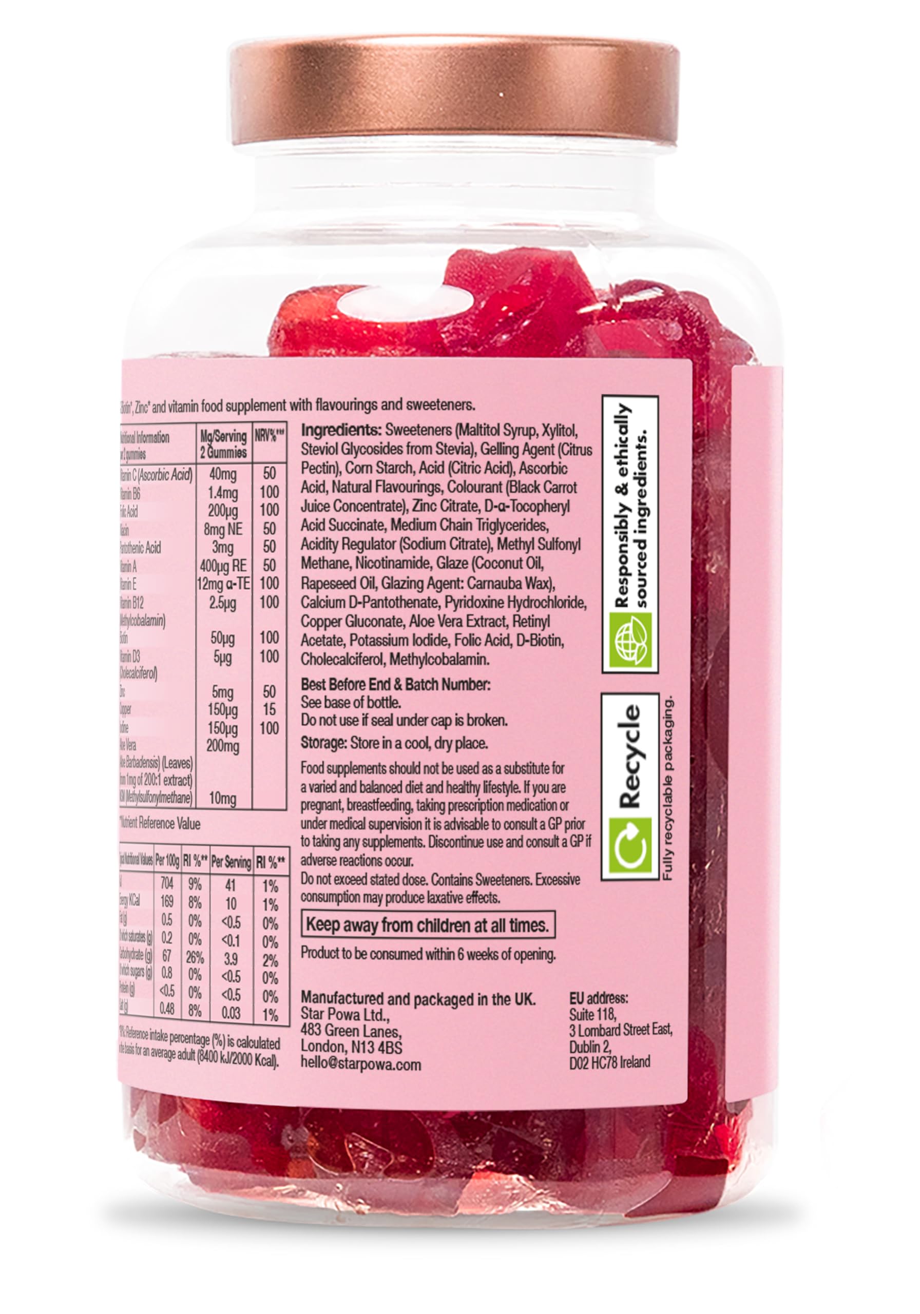 Starpowa Hair Skin and Nails Vitamins - Vitamin Gummies for Growth, Strength & Radiance - Packed with Biotin, Zinc, Vitamins A, C, D, E, B12 & Aloe Vera - Plant-Based, Gluten-Free - Berry, 60 Chews
