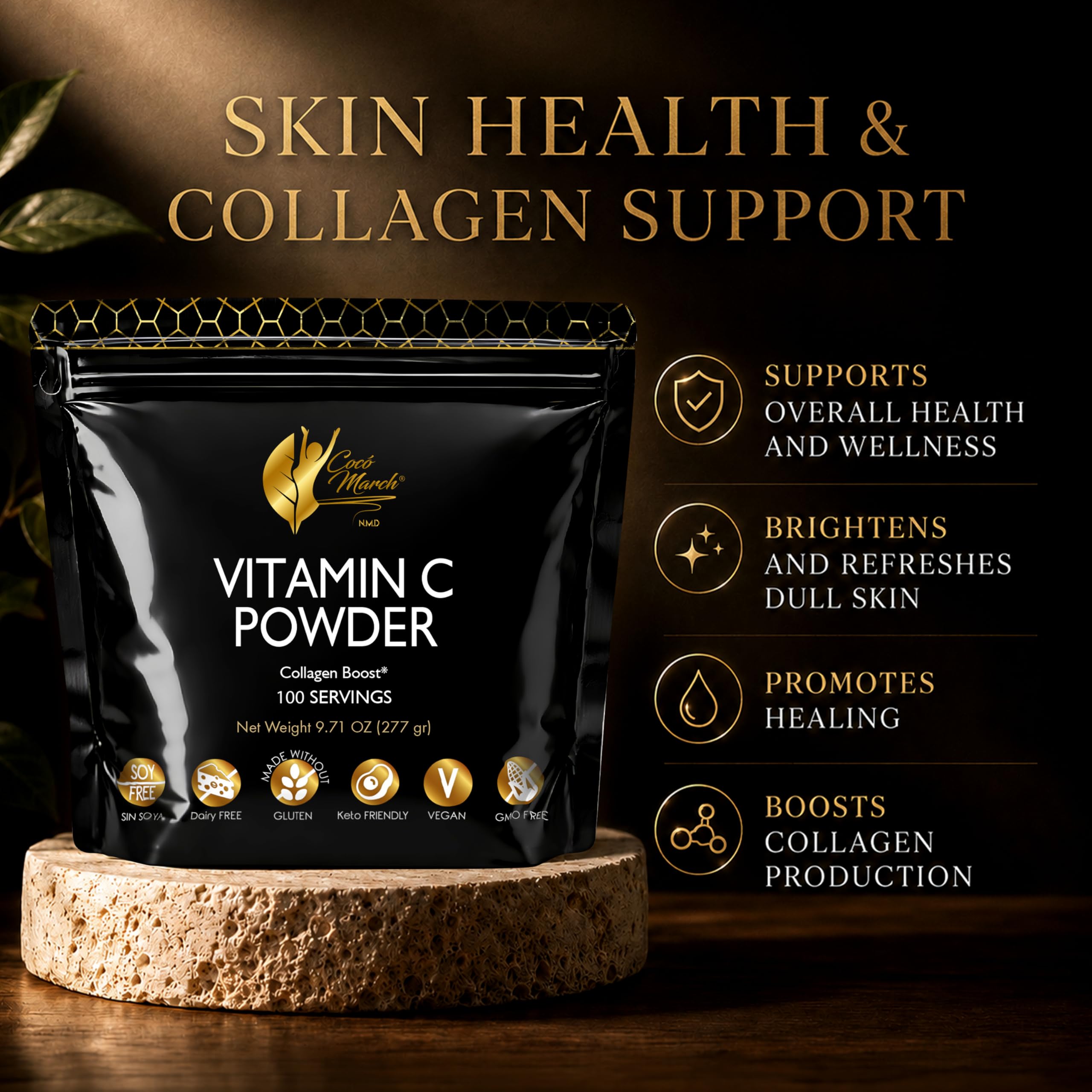 Cocó March N.M.D Vitamin C Powder 1000 mg – Immune Support Supplement with Zinc, Bromelain, Quercetin & L-Lysine, Supports Collagen Production, Vegan, Gluten & Dairy Free, Keto Friendly, 10 oz