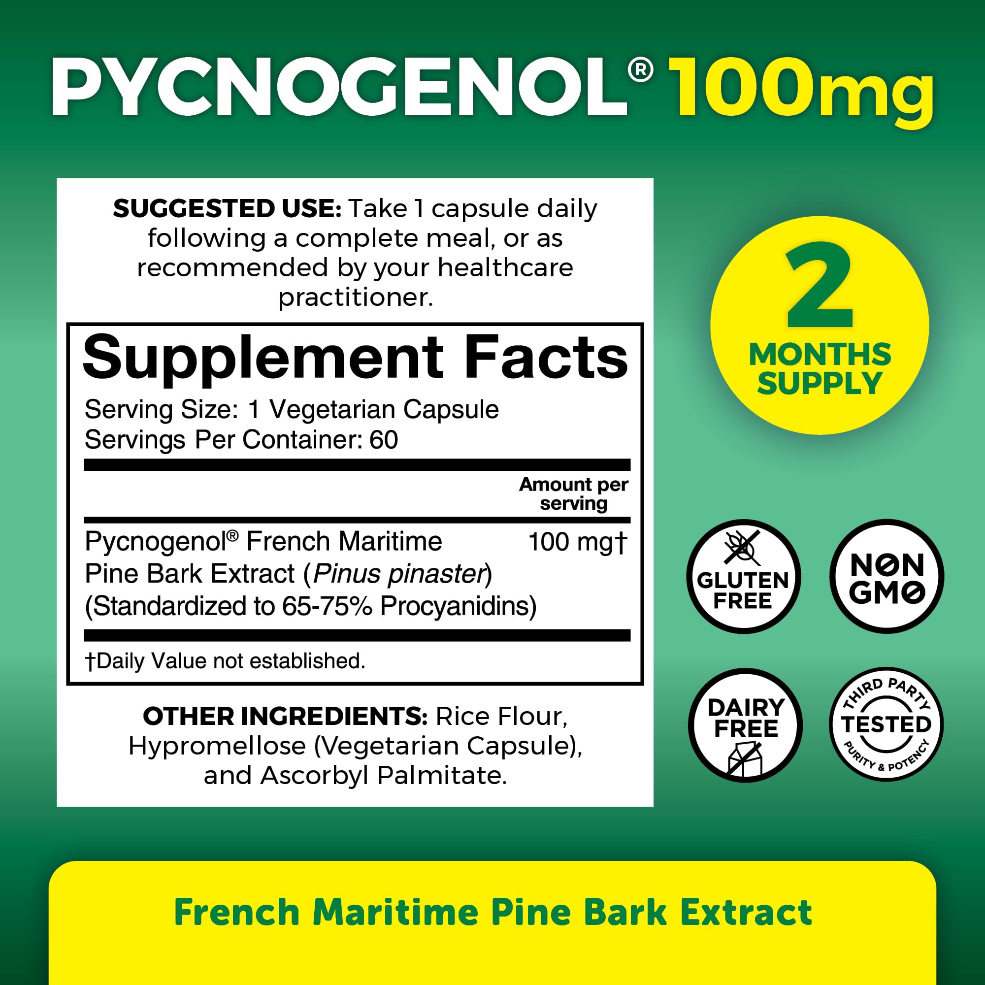 Viva Naturals Pycnogenol - 100mg French Maritime Pine Bark Extract – Supports Circulation, Antioxidant-Like Activity, Joints & Immune Health and Function – 60 Veggie Capsules
