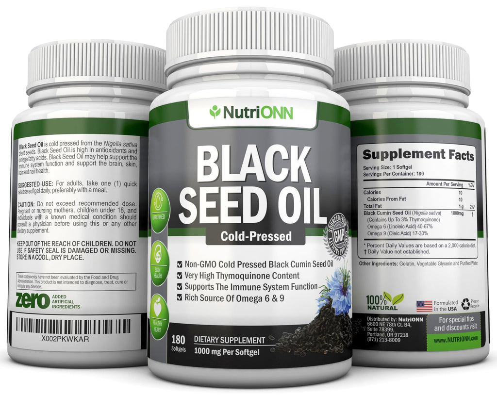 Black Seed Oil - 1000 Mg - 180 Softgels - Cold-Pressed Non-GMO Black Cumin Seed Capsules - Super High Thymoquinone Content - Nigella Sativa - Rich in Omega 6 & 9 Fatty Acids - Immune Health Support