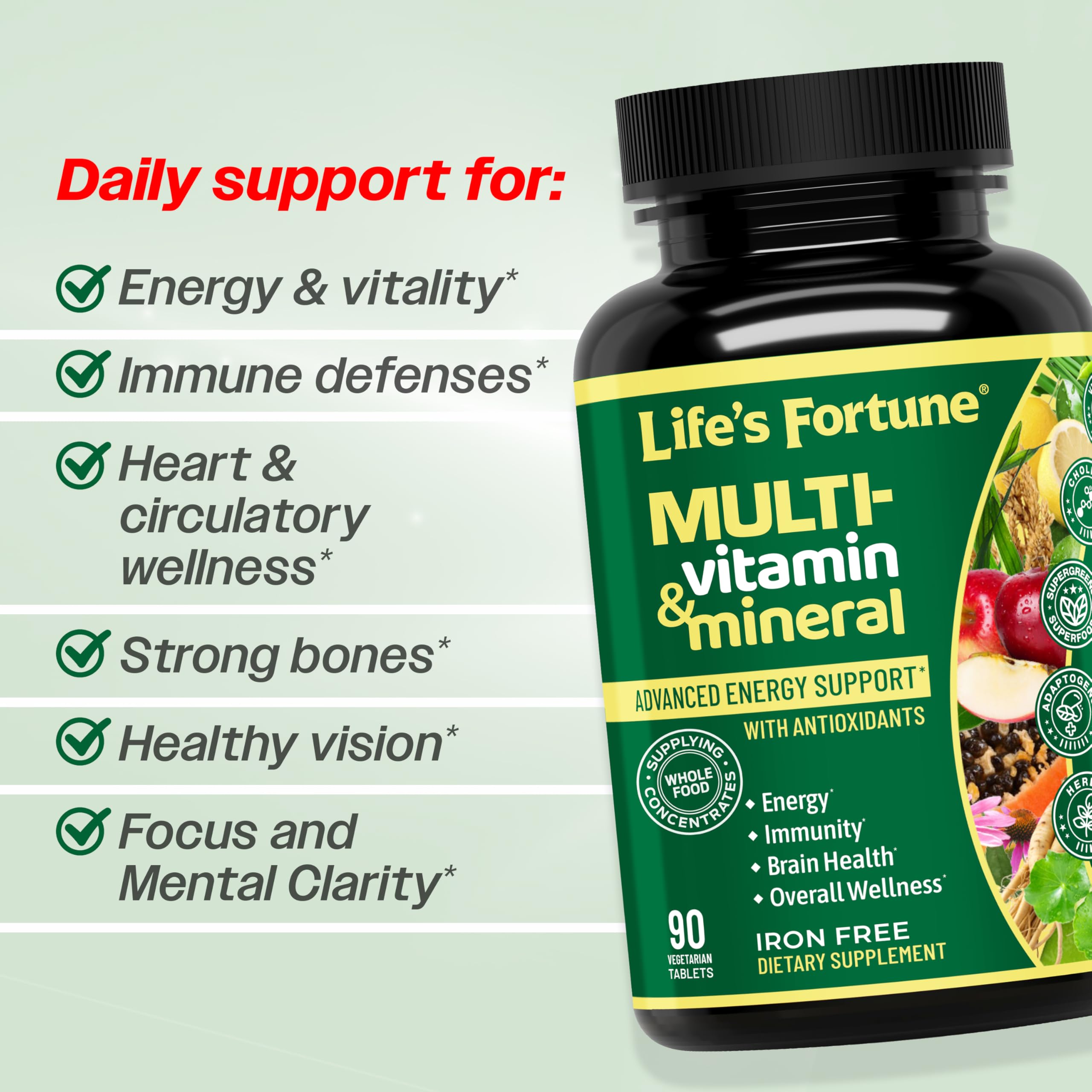 Life's Fortune Whole Food Multivitamin & Mineral Supplement for Men & Women | Daily Energy Support Vitamins | Immune, Brain & Metabolism Support | Iron Free, 60 Vegetarian Tablets