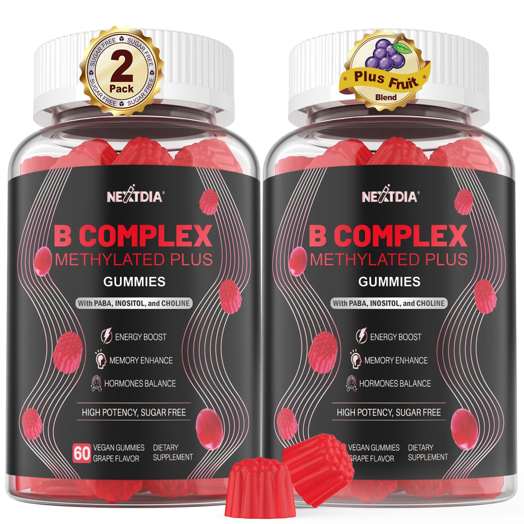 Nextdia Brain & Mood Support Gummies, Super Vitamin B Complex for Men & Women, All B Vitamin B1 B2 B3 B5 B6 B7 Folate MethyB12 with PABA, Inositol, Choline, Supports MTHFR Gene & Energy, Vegan, 120Ct