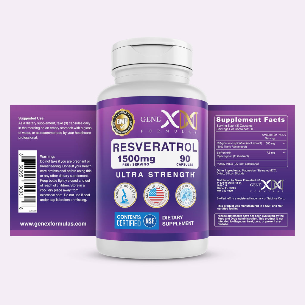 Genex Formulas 1500mg Resveratrol with BioPerine for Absorption (3 Pack) | Organic Trans-Resveratrol Capsules from Japanese Knotweed, Antioxidant Supplement for Healthy Aging