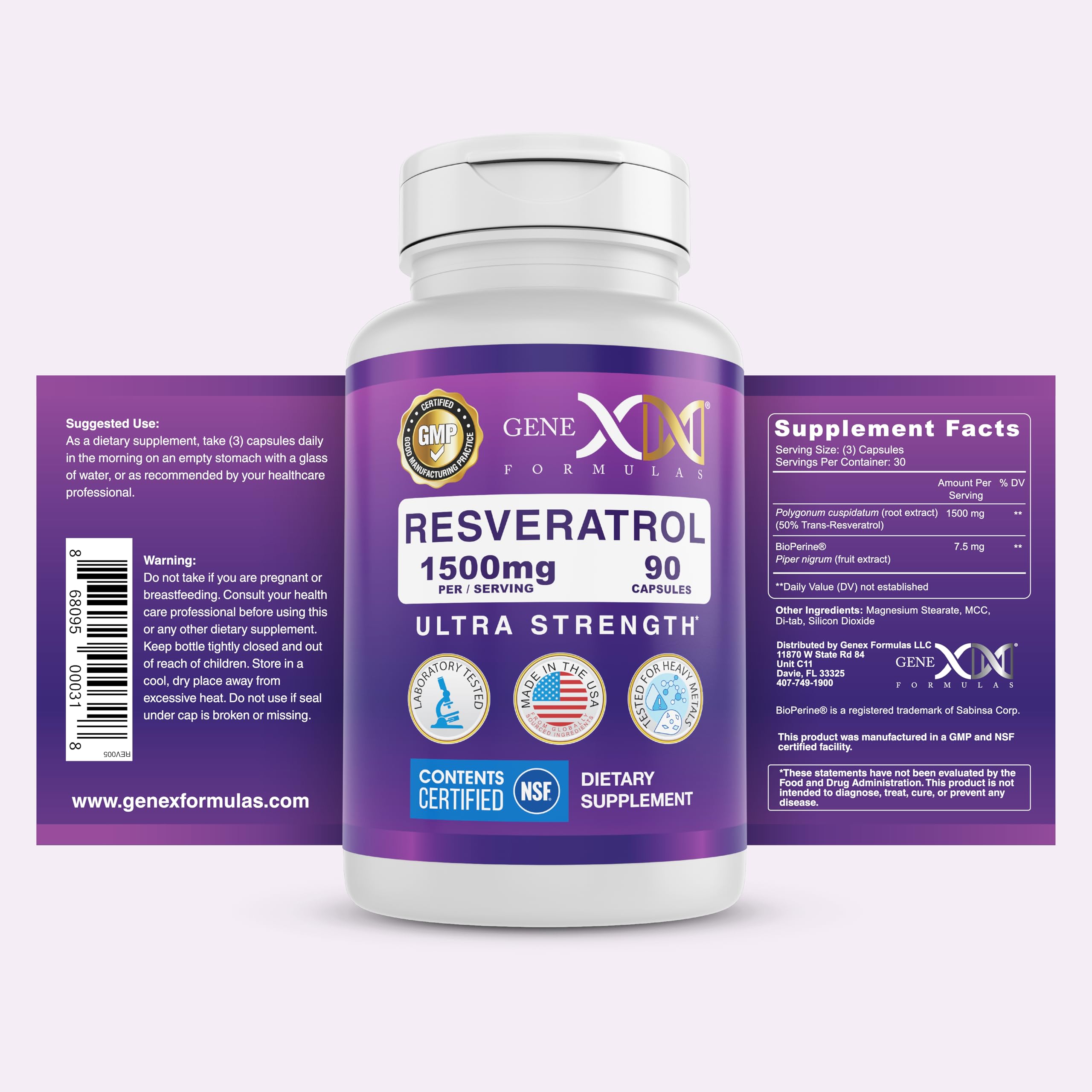 Genex Formulas 1500mg Resveratrol with BioPerine for Absorption (3 Pack) | Organic Trans-Resveratrol Capsules from Japanese Knotweed, Antioxidant Supplement for Healthy Aging