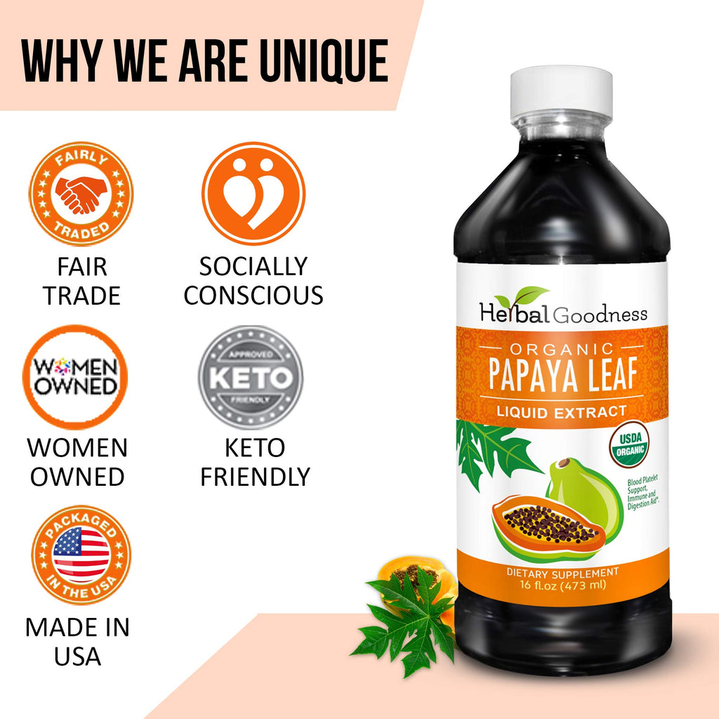 Herbal Goodness Papaya Leaf Extract Platelet Support - 15X Blood Platelet Boost, Bone Marrow & Spleen Support, Immune & Gut Health, Digestive Enzyme - Organic Kosher 16 oz Liquid Extract