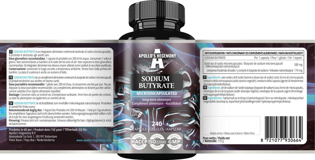 Sodium Butyrate High Dose 580 mg (30% Butyric Acid), 240 Vegan Capsules, 240 Days Supply, Sodium Supplement to Support Overal Gut Health - by Apollo's Hegemony