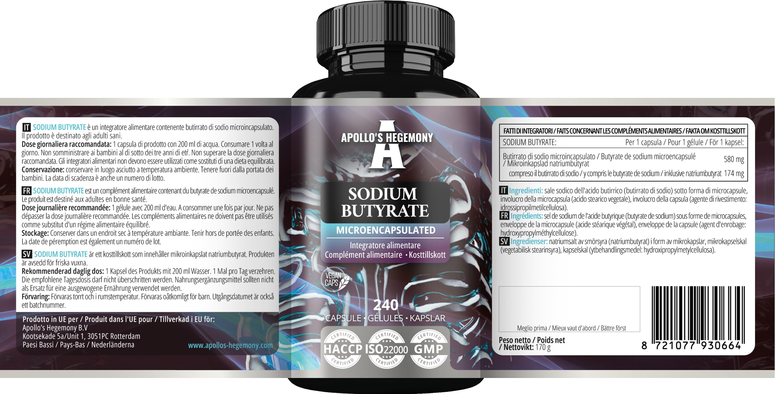 Sodium Butyrate High Dose 580 mg (30% Butyric Acid), 240 Vegan Capsules, 240 Days Supply, Sodium Supplement to Support Overal Gut Health - by Apollo's Hegemony