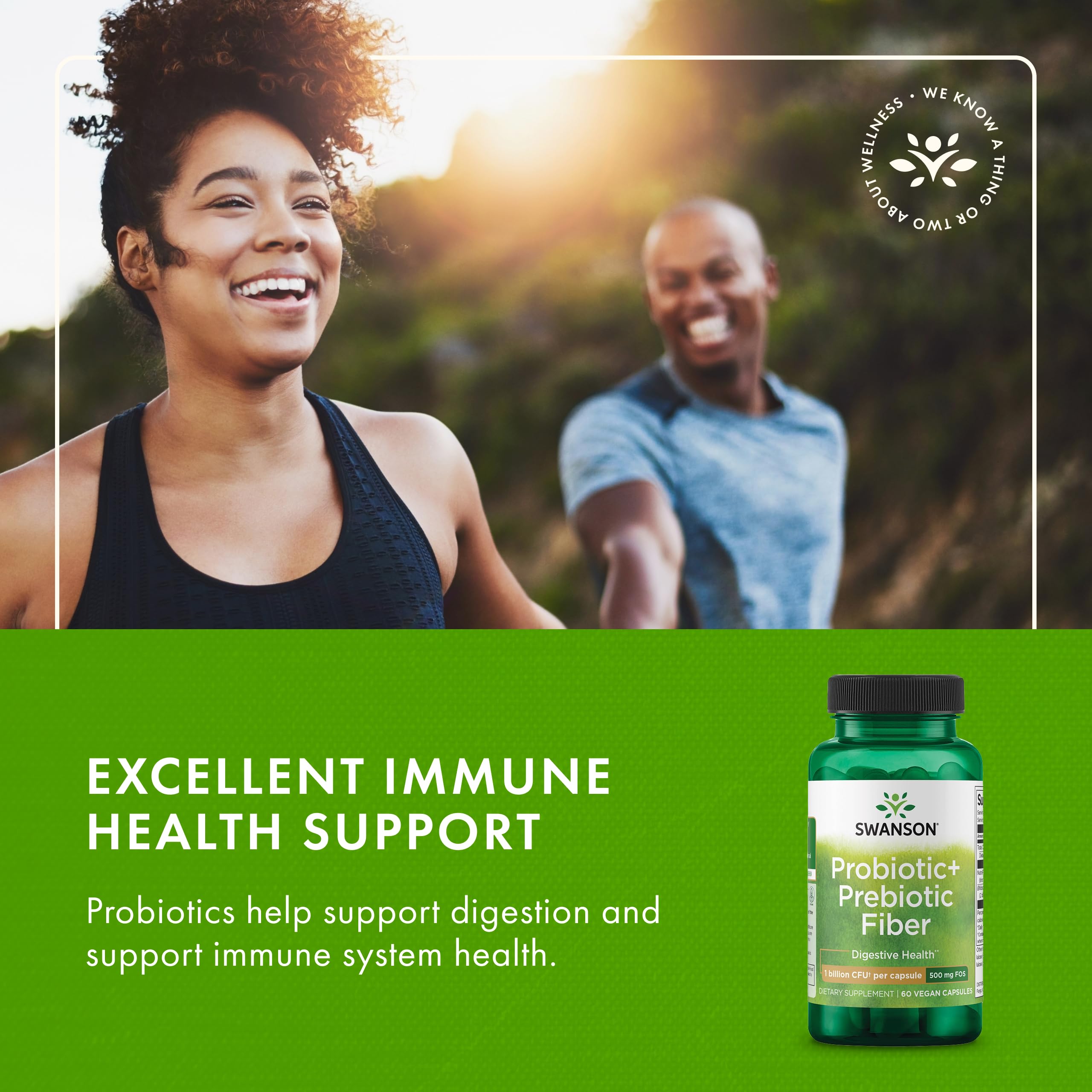 Swanson Prebiotic + Probiotic Fiber Digestive and Immune Health Supplement for Gut-Health-Conscious Adults with 500 Million CFU (60 Vegan Capsules, 2 Pack)