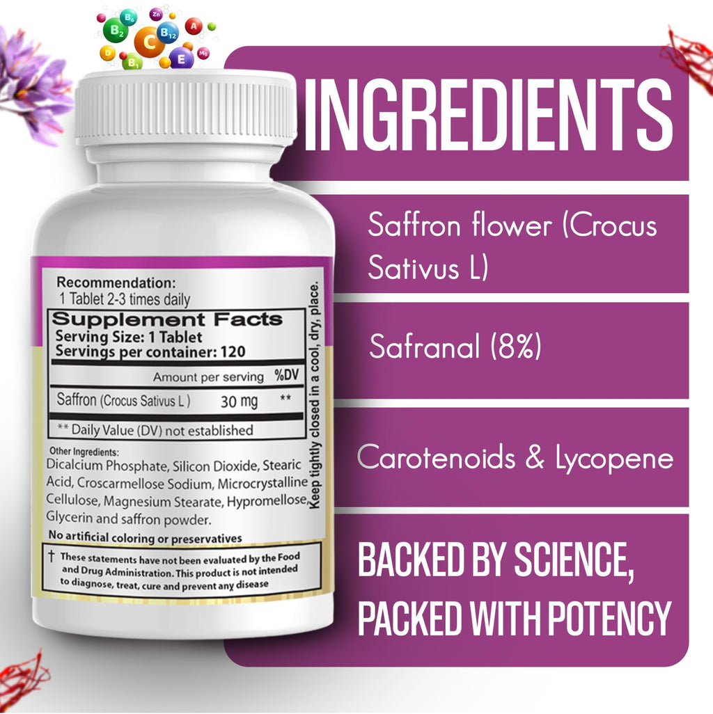 EXIR Saffron Supplement | Supports Focus, Healthy Eating Habits, Mood, Metabolism (120 Tablets)