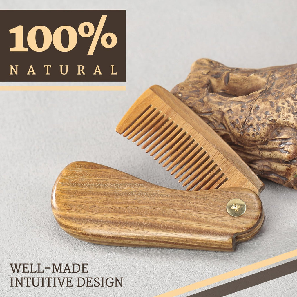 BESTOOL Foldable Green Sandalwood Comb for Men's Grooming & Combing Hair, Beards & Mustaches, Antistatic, Naturally Scented Detangling Comb