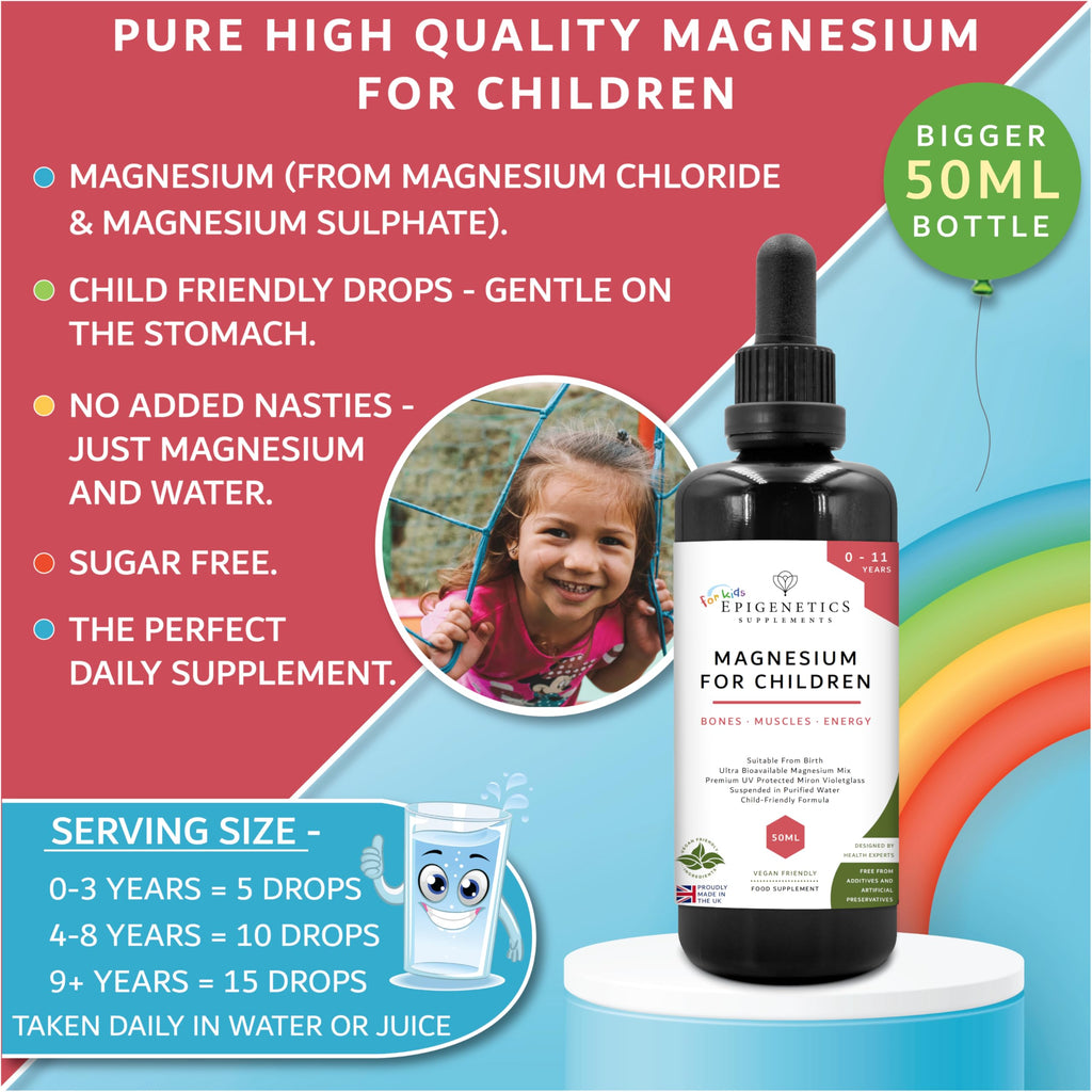 Magnesium for Children 50ml | from Birth Magnesium Mix Supplement 0-11 Years | Newborns Baby Kids Sugar Free UK Made Vegan Mini Liquid | 5 Drops Daily