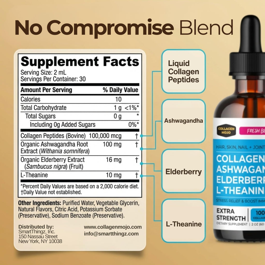 Collagen Mojo - Liquid Collagen with Ashwagandha for Women & Men - Collagen Peptides Drops with L-Theanine - Hair, Skin, Nails, Joint & Stress Relief - Ashwagandha Supplement, 100,000mcg 2 Oz