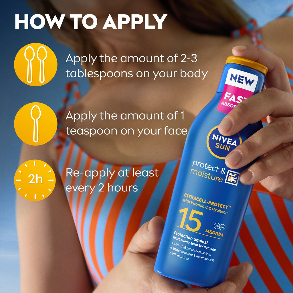NIVEA SUN Protect & Moisture Sun Lotion SPF 15 (200 ml), Suncream with Vitamin C and Hyaluron, Provides 48H Moisture and Immediate UVA/UVB Protection, Fast-Absorbing, No White Cast Formula