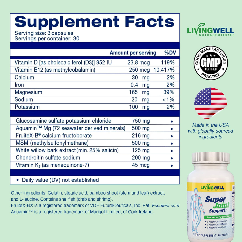 SUPER JOINT SUPPORT Glucosamine Chondroitin & MSM for Bone & Muscle Health - Joint Supplement for Men & Women with Vitamin D, B12, Magnesium, Potassium & Calcium - All in One Support - 90 Capsules
