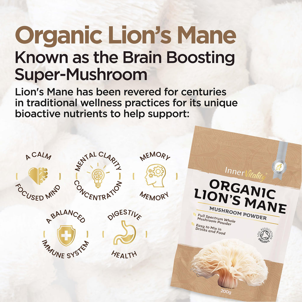 Organic Lions Mane Mushroom Powder, Natural High Strength Full-Spectrum