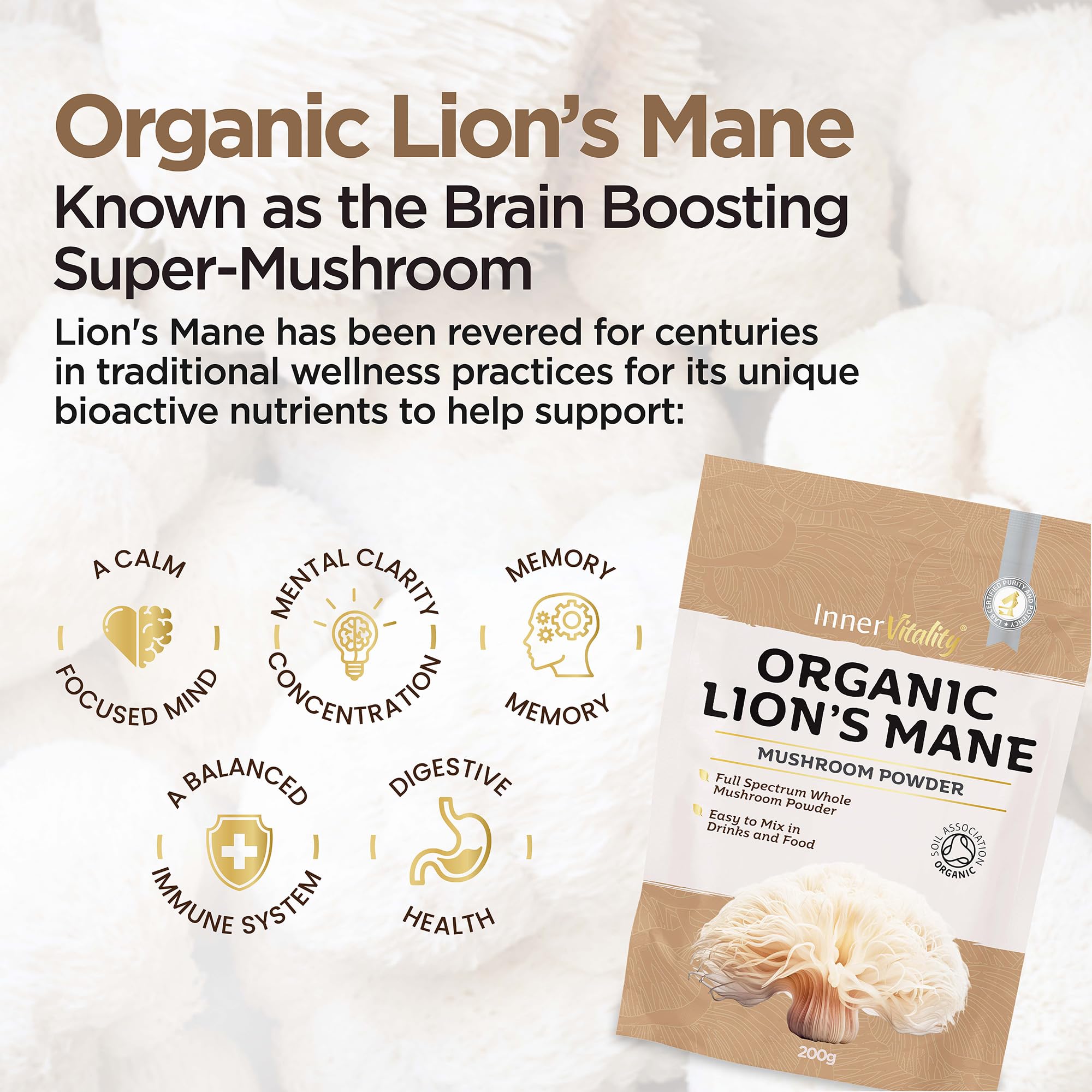 Organic Lions Mane Mushroom Powder, Natural High Strength Full-Spectrum