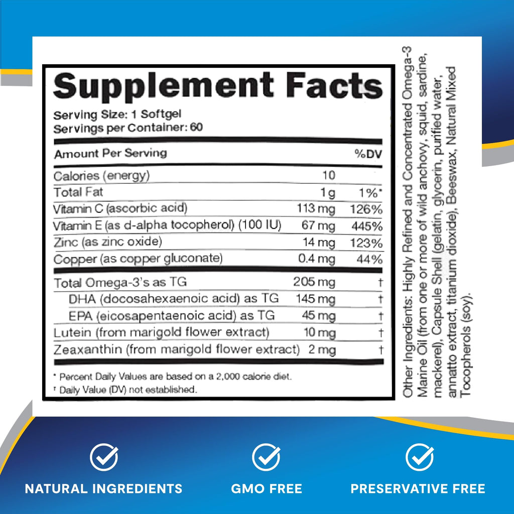 Lipotriad Adult 50+ Eye Vitamin and Mineral Supplement - ONE Per Day Eye Vitamin w/10mg Lutein, Zeaxanthin, Omega 3, Vitamin C, E, Zinc Copper - 2mo Supply, 60 Softgels