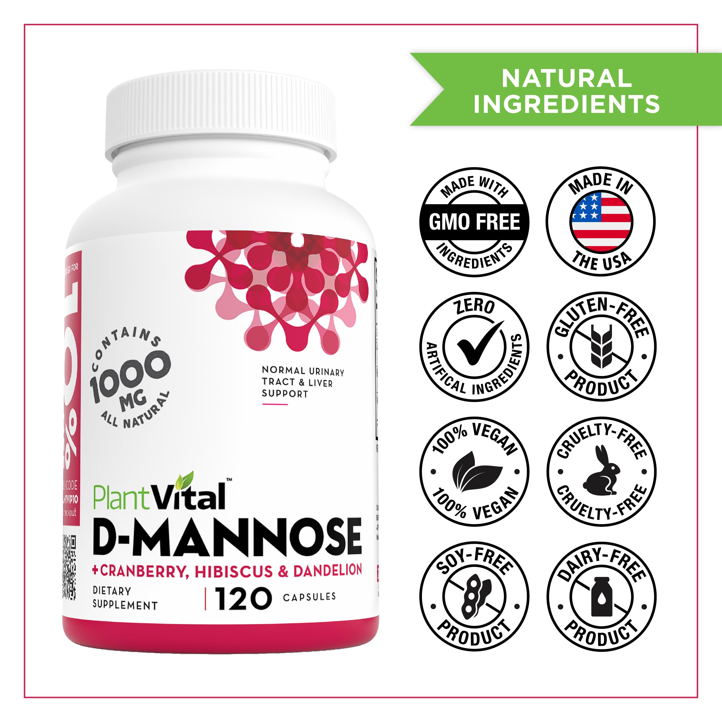 Plantvital D Mannose Capsules with Cranberry - D-mannose 1000mg per serving - High Potency for Bladder, Kidney and Urinary Tract Support - Cranberry Powder with Hibiscus and Dandelion- 2 Months Supply