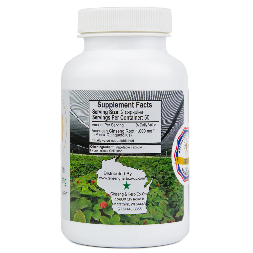 100% Pure Wisconsin American Ginseng Capsules - 500mg. Authentic Panax Quinquefolius. Potent Ground Ginseng Root - No Fillers, Binders or Other Additives. (120 Count)