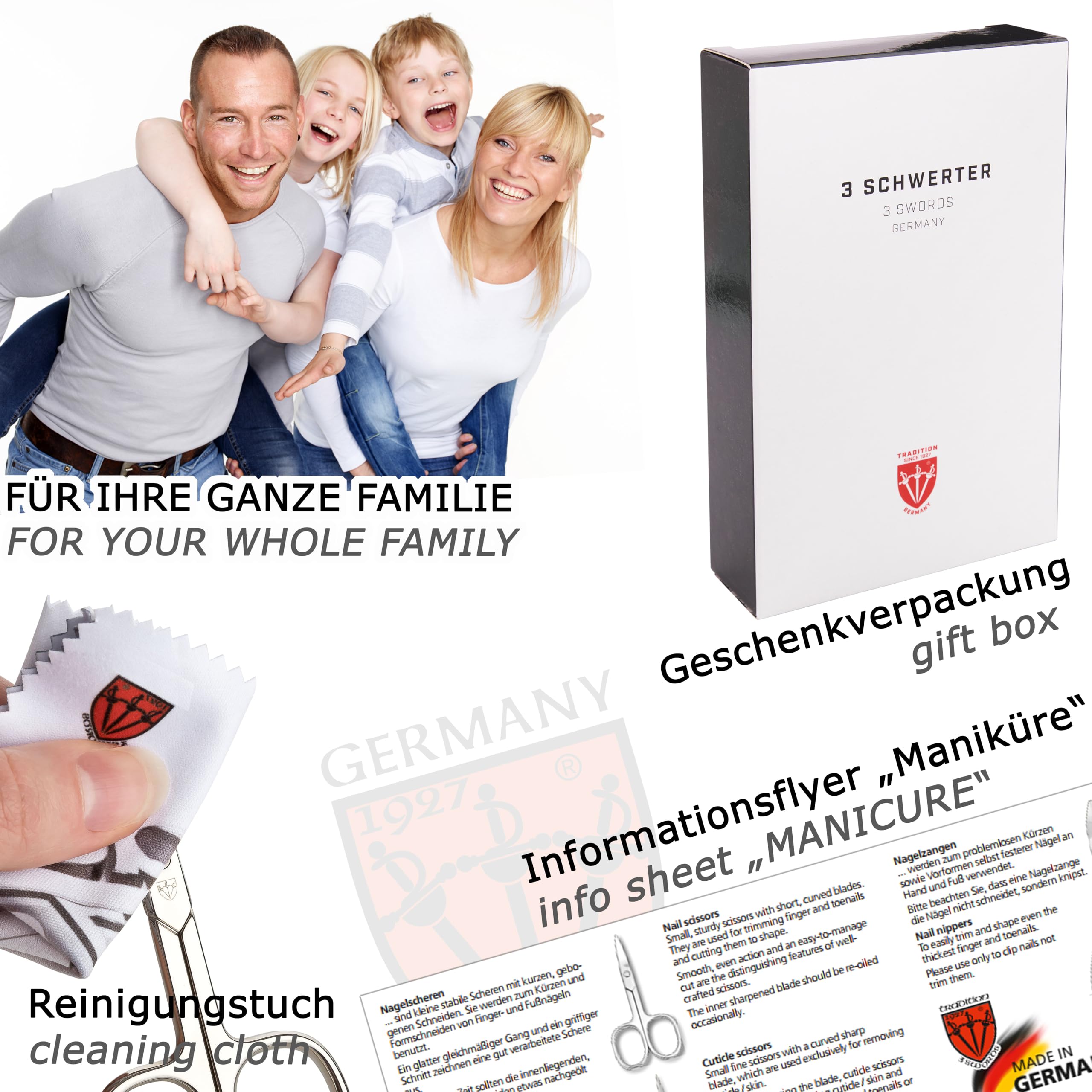 3 Swords Germany - brand quality 6 piece manicure pedicure grooming kit set for professional finger & toe nail care scissors clipper genuine leather case in gift box, Made in Solingen Germany (02266)