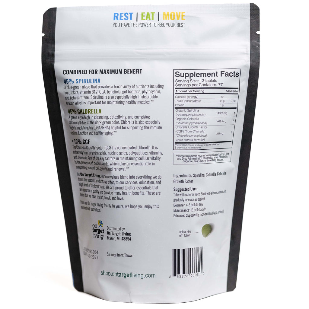 On Target Living Spirulina Chlorella + CGF | 1000 Supergreen Tablets | Vegan | High in Protein | Alkalyzing | Nutrient Dense | Energy | Recovery