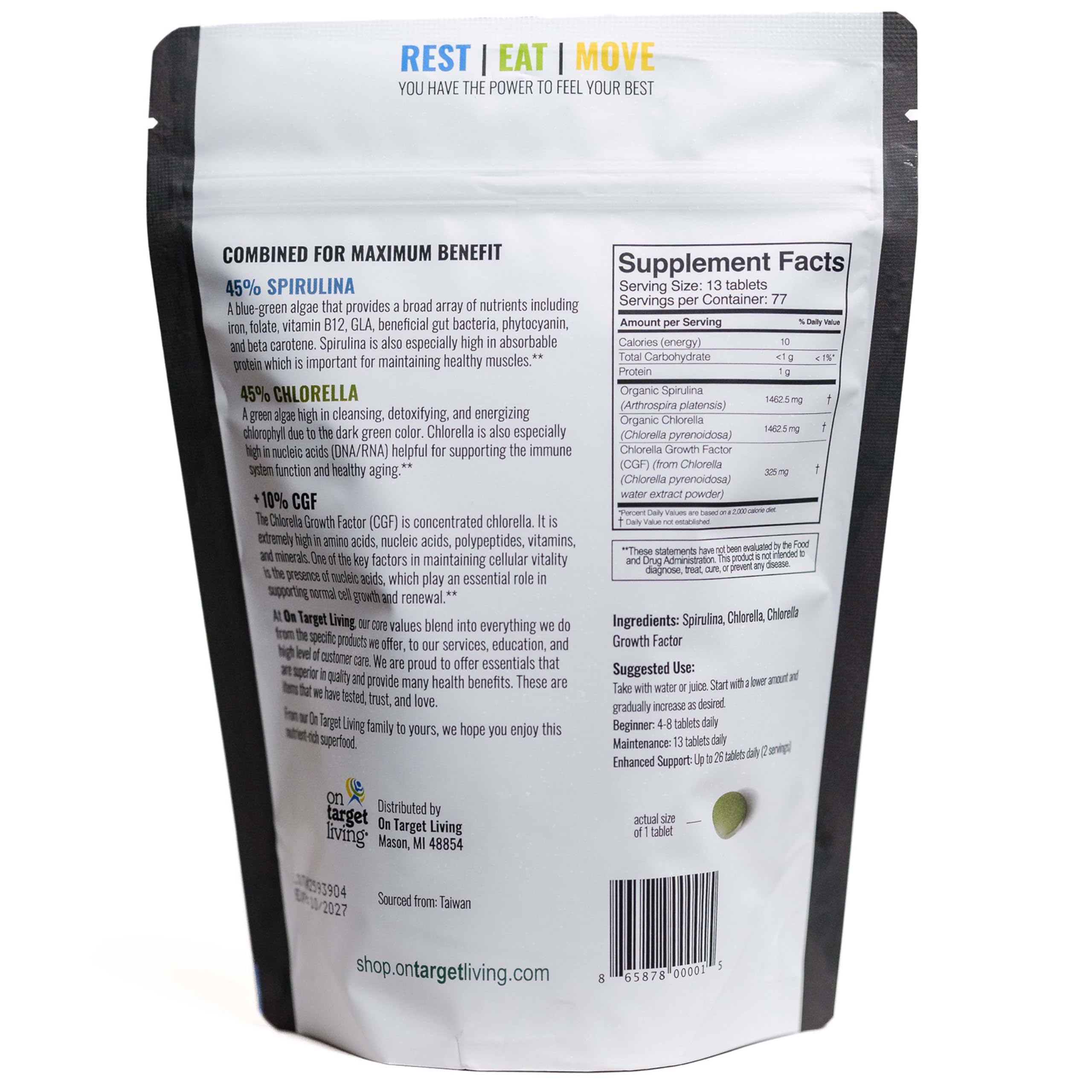 On Target Living Spirulina Chlorella + CGF | 1000 Supergreen Tablets | Vegan | High in Protein | Alkalyzing | Nutrient Dense | Energy | Recovery