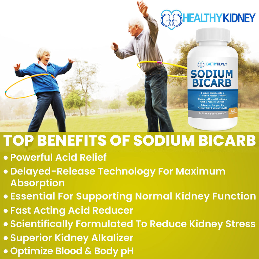 Sodium Bicarbonate 650mg Capsules Delayed Release for Supporting Normal Kidney Function & Kidney Health Supplement. Sodium Bicarbonate Designed for Kidney Support, Acid Relief, Alkalinity 120 Pills