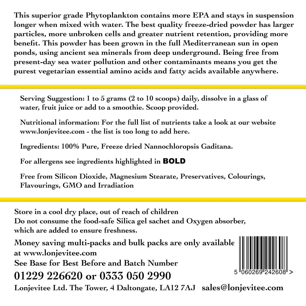 Lonjevitee Phytoplankton - Gold Grade, Pure Freeze Dried Powder - 100g Pouch