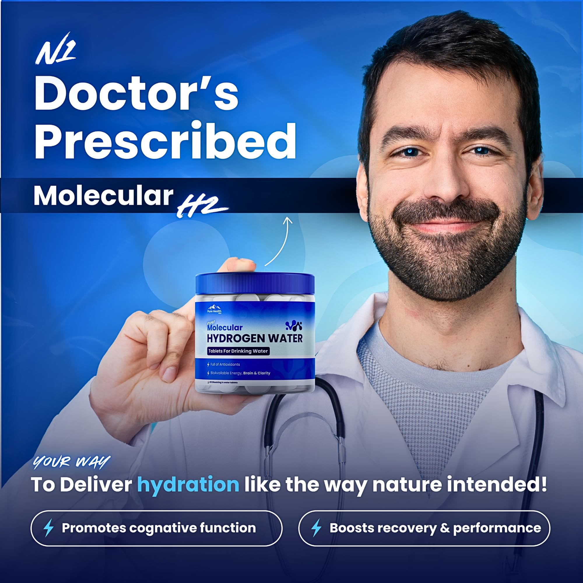 PHM Hydrogen Water Tablets for Drinking Water - H2 Molecular Tabs | Magnesium Pills, Electrolytes Hydration Supplement to Support Healthy Aging & Energy Boost | 90 Tablets, 3 Months Supply