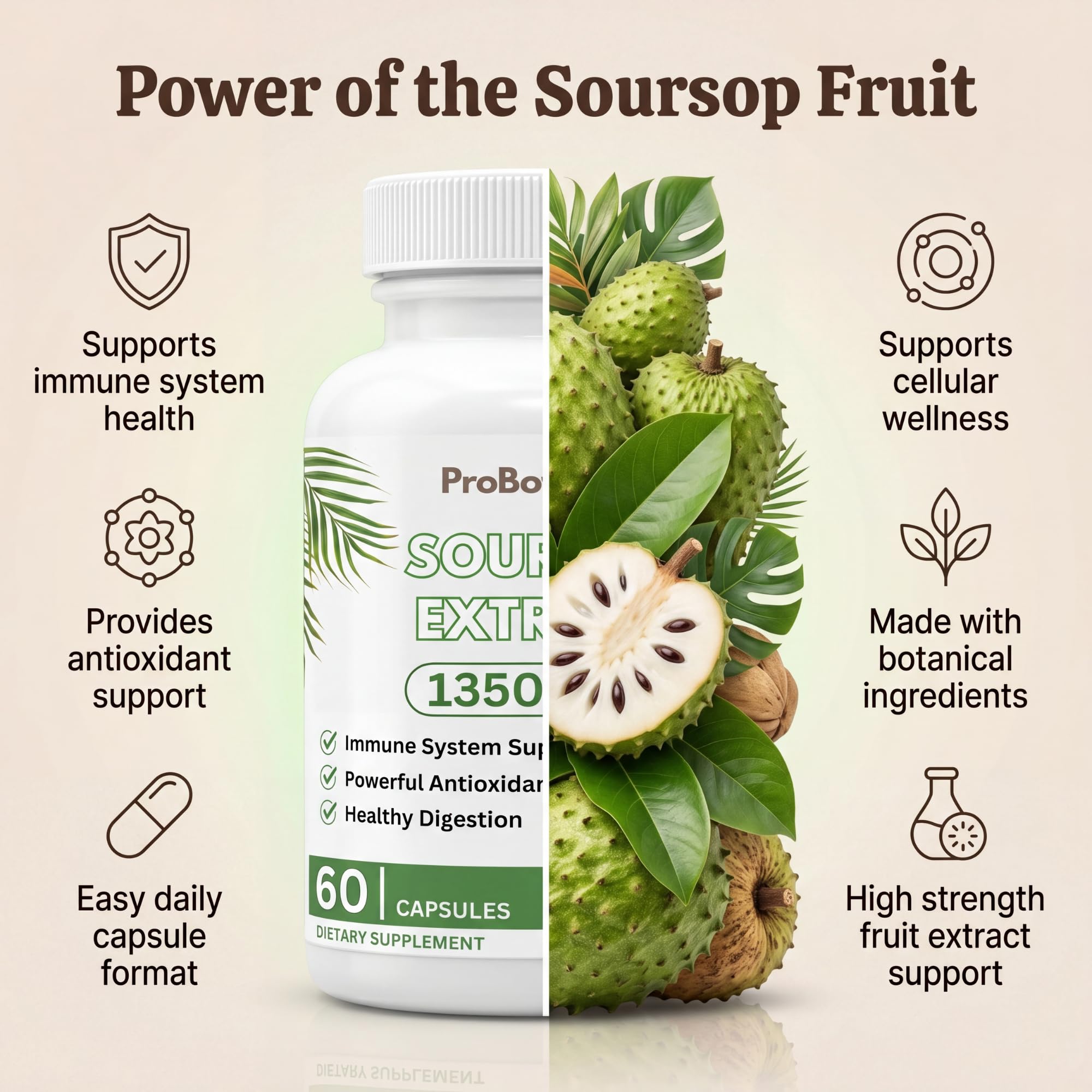 ProBotanics Organic Soursop for Cell Support & Regeneration | High Strength 450mg 30:1 Extract Equiv. to 13500mg Extract Per Serving | Powerful Antioxidant and Immune Support - 60 Capsules