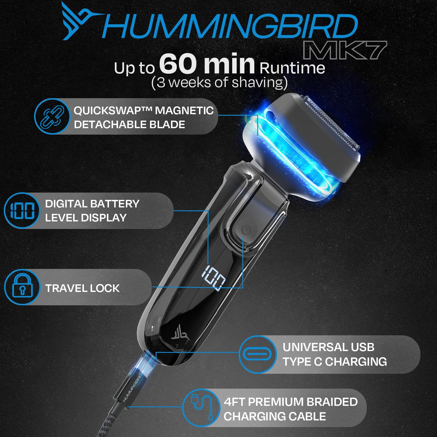 HUMMINGBIRD MK7 Premium Foil Face Shaver, Four Blade Foil Shaver with Long Hair Leveler, Electric Razor for Men, Waterproof Wet & Dry Shave, Cordless USB-C Rechargeable, LED Display, Travel Case