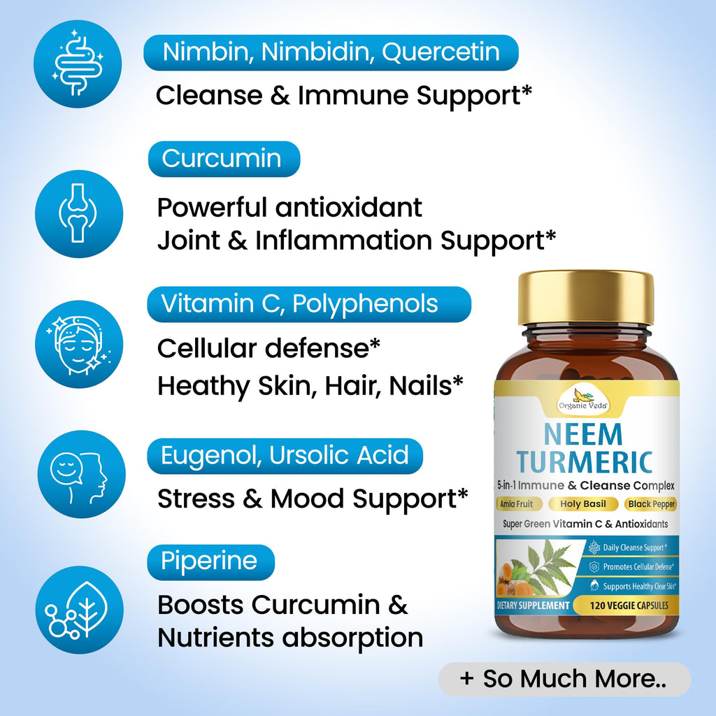 Organic Veda Neem Turmeric Capsules - 5 in 1 Herbal Complex with Amla Fruit, Holy Basil, Black Pepper - Immune, Cleanse, Skin & Gut Health Supplement with Vitamin C & Antioxidants 120 Vegan Capsules