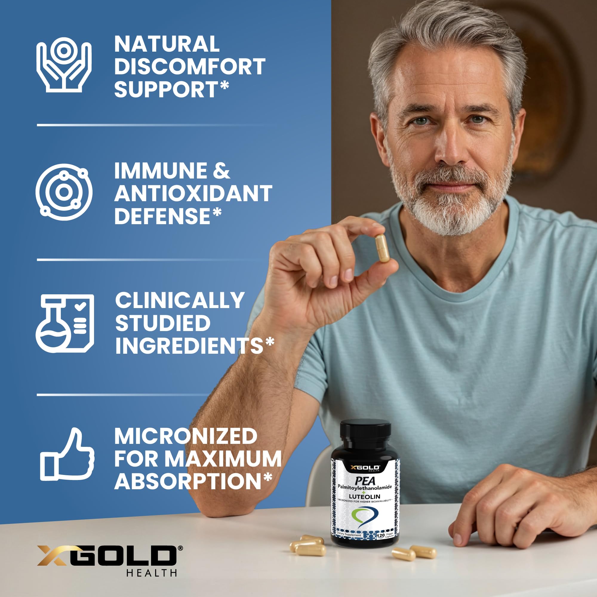 Palmitoylethanolamide 630 mg + Luteolin Standardized 98%- Micronized Pea 99% Highly Purified and Bioavailable - Made in USA - Supplement for Men and Women - 120 Veggie Capsules