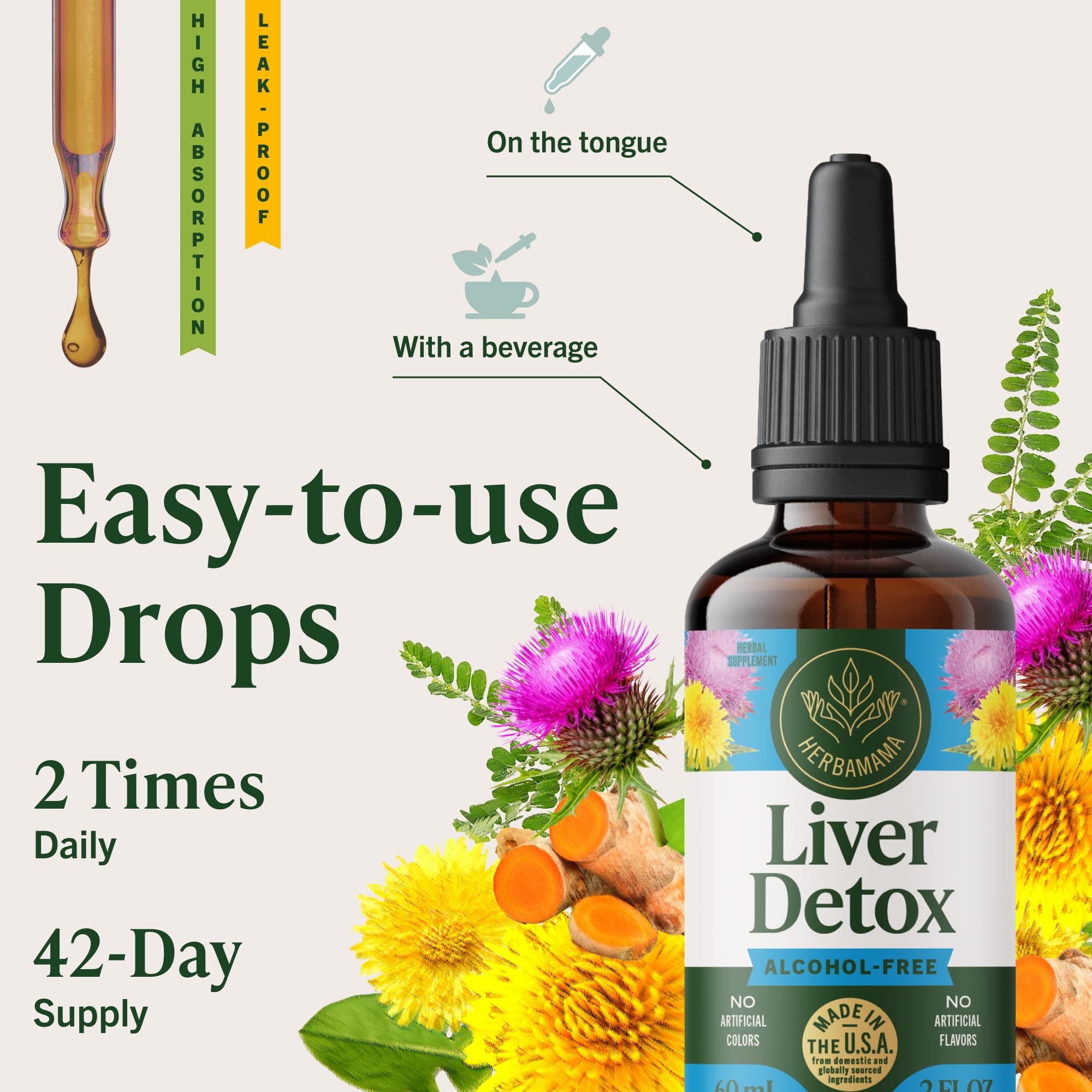 HERBAMAMA Liver Cleanse Detox & Repair - Liver Support Supplement - Liquid Drops with Milk Thistle, Dandelion Root & Chanca Piedra - Alcohol & Sugar-Free Liquid Cleanse Supplement, 42-Day Supply