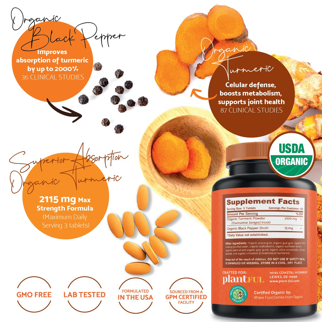 Organic Turmeric Supplement with Black Pepper Highest Potency USDA Certified [Non-GMO Organic Curcumin 2115mg] Antioxidant Joint & Immune Support 120 Tablets