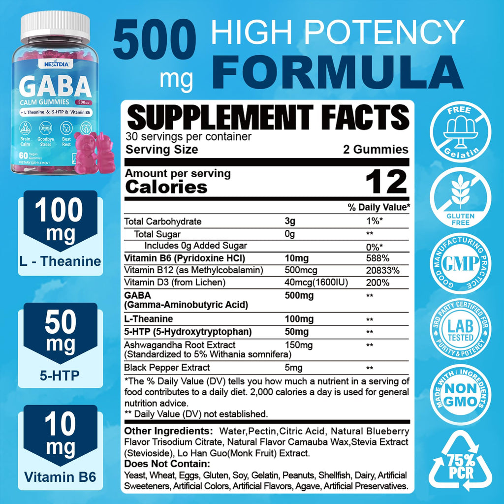 GABA Gummies 500 mg - Sugar-Free Calm Gummies with L Theanine, 5-HTP, Vitamins D3, B12, Ashwagandha, Melatonin-Free for Brain Calm, Mood, Zzz Better, GABA Supplement for Adult, Blueberry Flavor, 1Pack