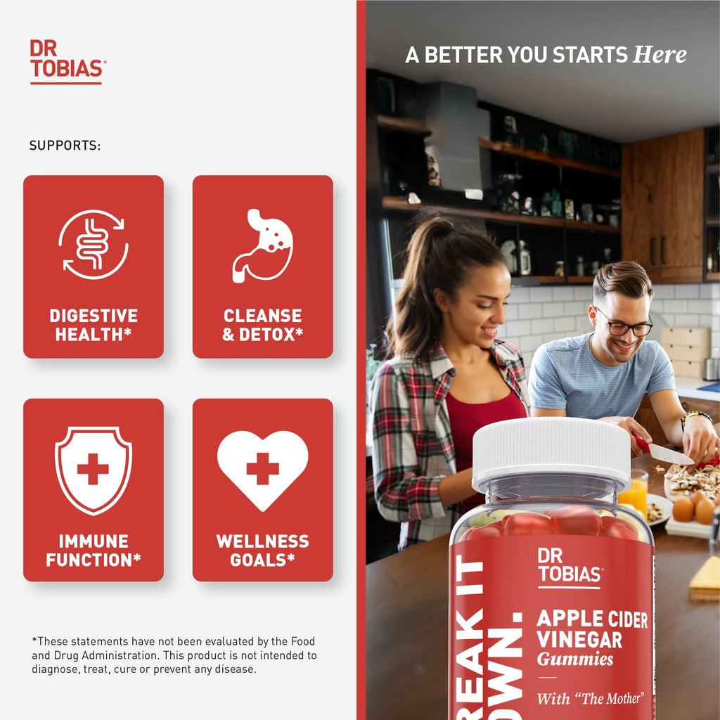Dr. Tobias Apple Cider Vinegar Gummies with The Mother - 500mg ACV Per Serving, Plus Folate, B6, B12 & Iodine | Supports Digestive Health Gut Cleanse & Detox - Vegan (120 Gummies)
