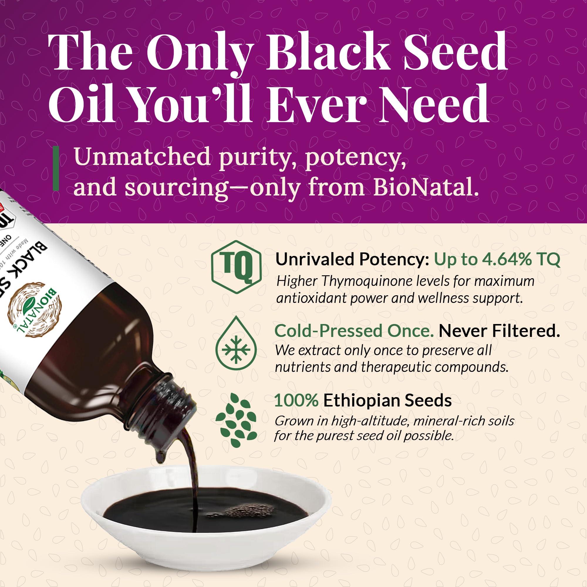 BioNatal Ethiopian Black Seed Oil 4.2oz Glass– Cold Pressed Nigella Sativa Producing Black Cumin Seed Oil, Unrefined & Non-Filtered, High TQ Up to 4.64% – Supports Immune System, Digestion & Joints