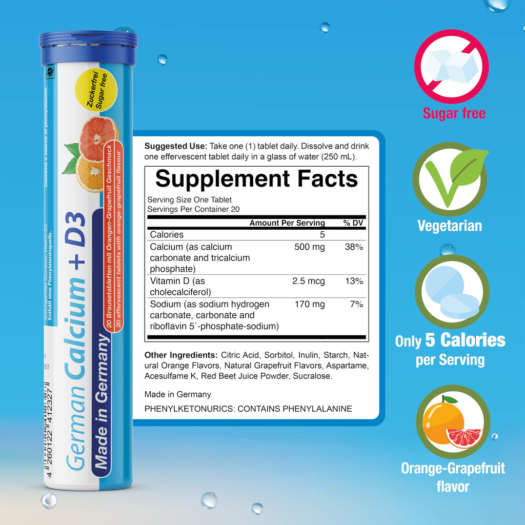 T&D German Vitamin, Minerals - 100 Vegan/Vegetarian Drink Effervescent Tablets - Mixed Fruit Flavor Box - Made in Germany