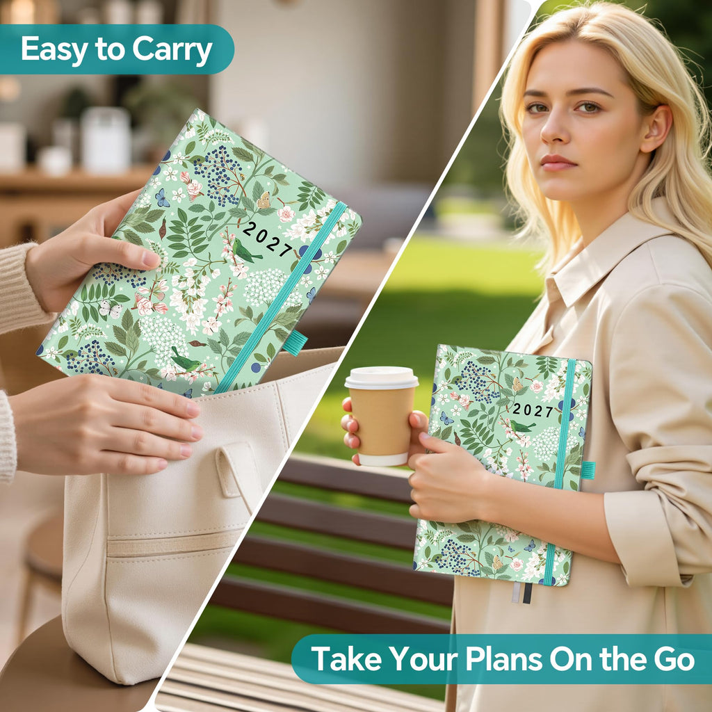 ZXHQ 2027 Diary Page a Day A5, Full Year Daily Planner 2027 with Monthly View, Jan - Dec, with Colorful Tabs, UK Holidays, Inner Pocket, 100 Gsm Paper, Pen Set, 5.9" × 8.5"- Spring Garden