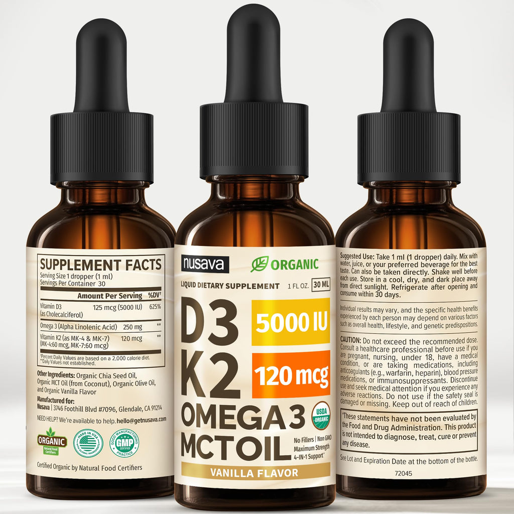 (2 Pack) Organic Vitamin D3 K2 Drops with MCT Oil & Omega 3 - Liquid Vitamin D3 5000 IU - K2 D3 Vitamin Supplement - Vitamin D Drops for Women & Men - No Fillers, Non-GMO, GMP, Vanilla (2 Fl Oz)