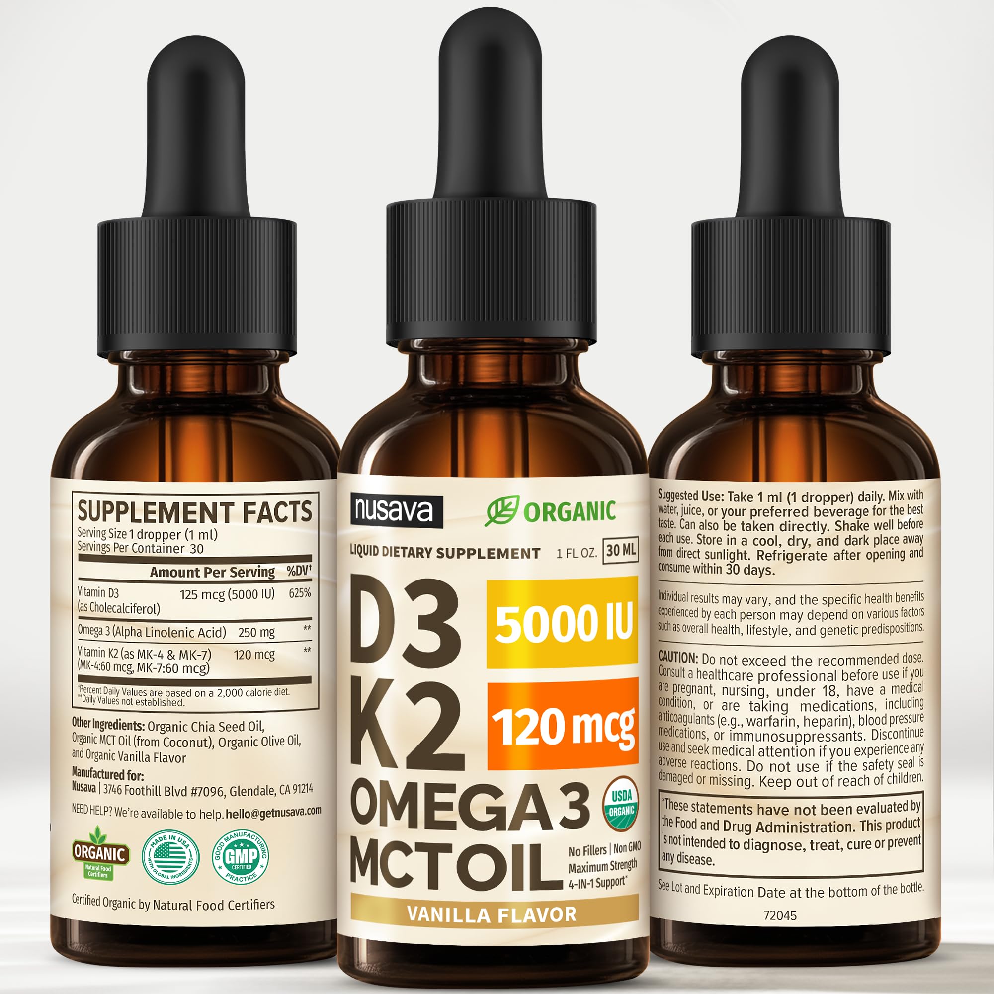 (2 Pack) Organic Vitamin D3 K2 Drops with MCT Oil & Omega 3 - Liquid Vitamin D3 5000 IU - K2 D3 Vitamin Supplement - Vitamin D Drops for Women & Men - No Fillers, Non-GMO, GMP, Vanilla (2 Fl Oz)
