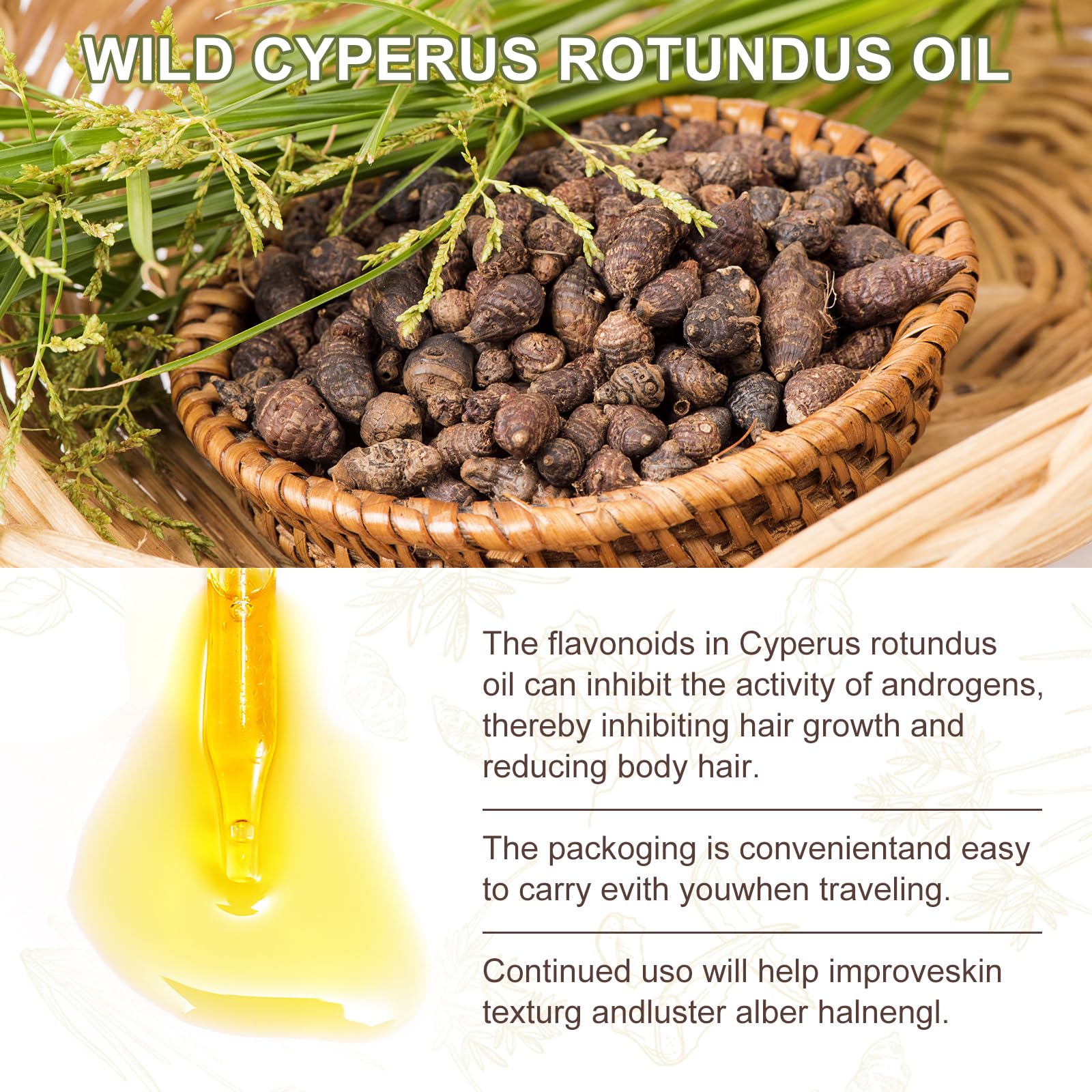 Cyperus Rotundus Oil, 100% Pure Natural Cyperus Oil for Hair Removal, Gently and Effectively Inhibits Hair Growth (60ml)