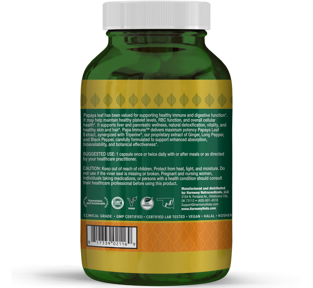 Harmony Nutraceuticals Papaya Leaf Supreme Extract Highest Potency Maximum Bioactivity Organic Dr. Gumman's Clinical Grade 120 Vegan Capsules Synergized with Triperine