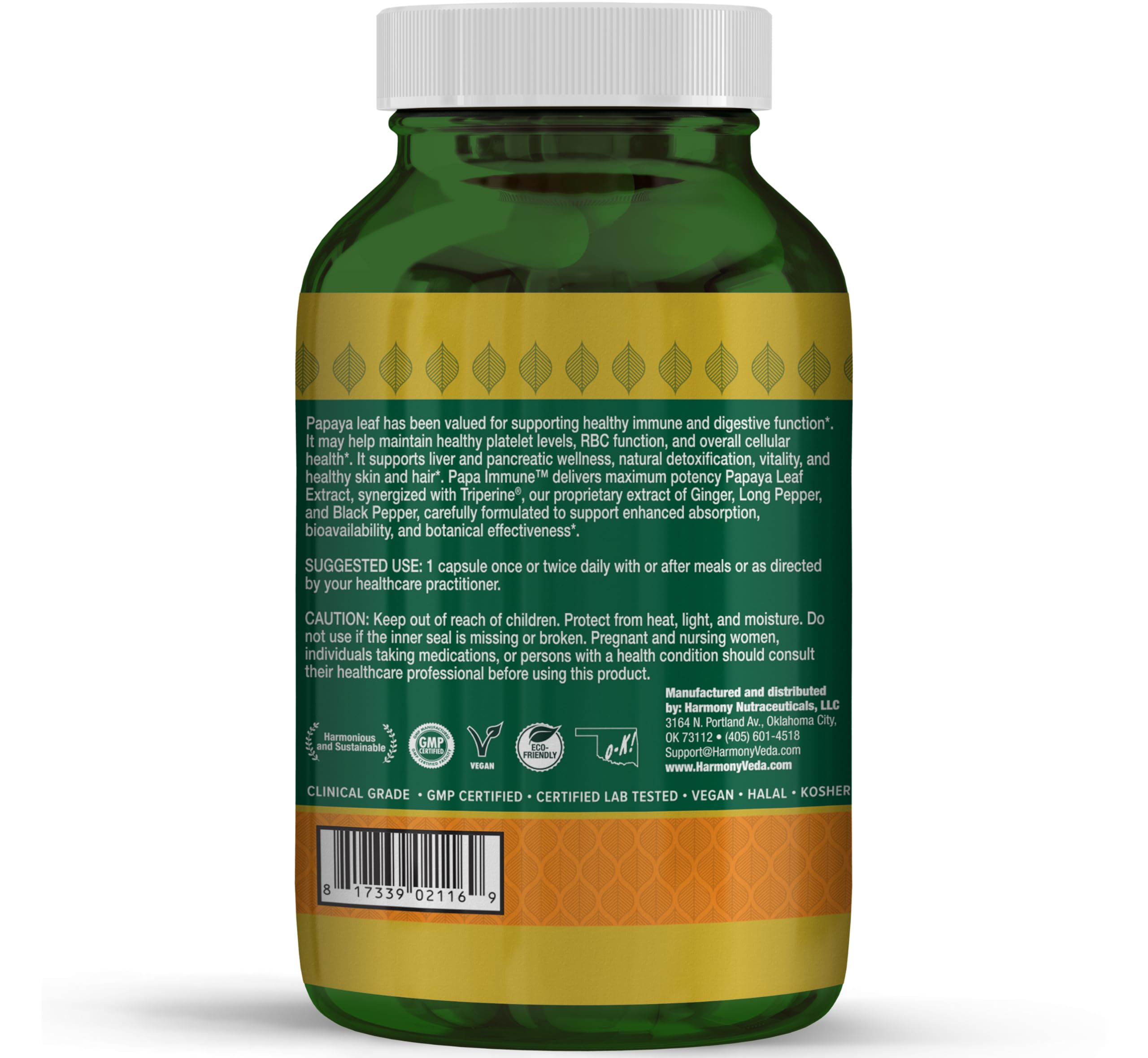 Harmony Nutraceuticals Papaya Leaf Supreme Extract Highest Potency Maximum Bioactivity Organic Dr. Gumman's Clinical Grade 120 Vegan Capsules Synergized with Triperine
